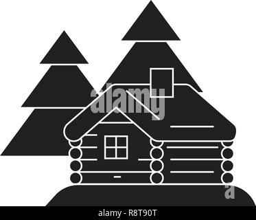 Log Cabin schwarz Vektor Konzept Symbol. Blockhaus flachbild Illustration, Zeichen Stock Vektor