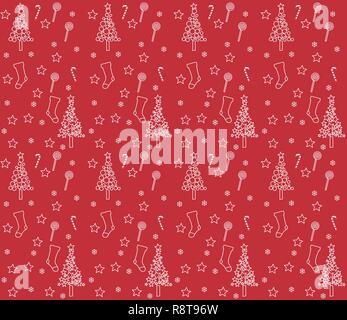 Red Geschenkpapier mit Hintergrund von Weihnachten Stiefel und Weihnachtsbaum. Stock Vektor
