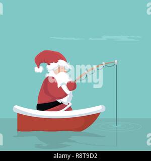 Weihnachtskarte der Weihnachtsmann Fischen in seinem Boot Stock Vektor