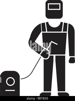 Schweißer, Schweißarbeiten schwarz Vektor Konzept Symbol. Schweißer, Schweißarbeiten flachbild Illustration, Zeichen Stock Vektor