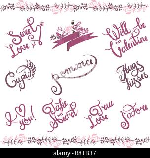 Handschriftliche Valentinstag Grüße eingestellt. Benutzerdefinierte Texte gemalt mit einem trockenen Pinsel. Gedeihen Rahmen und verschiedene Arten von Herzen formen. Bereit Sätze für Ihre Konstruktion. Stock Vektor