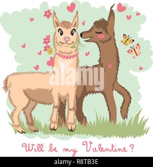 Zwei Liebende, küssen Lamas von Herz umgeben. Liebe ist in der Luft. Beschriftung Sie sind mein Valentine, Postkarte, Valentinstag Stock Vektor