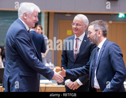 06. Dezember 2018, Belgien, Brüssel: 06.12.2018, Belgien, Brüssel: Deutscher Innenminister, Bau und Gemeinschaft Horst Lorenz Seehofer (L) im Gespräch mit dem Bundesminister des Innern, Präsident des Rates Herbert Kickl (R) vor der EU-Innenminister Konferenz im Justus-Lipsius-Gebäude, das europäische Hauptquartier des Rates, am 6. Dezember in Brüssel, Belgien 2018. Die Minister werden voraussichtlich einen Vorschlag für eine Verordnung über den Europäischen Grenzschutz und Küstenwache zu diskutieren. Herbert Kickl ist Mitglied der Freiheitlichen Partei Österreichs (FP), eine rechts-populistische und nationalen - Conserva Stockfoto