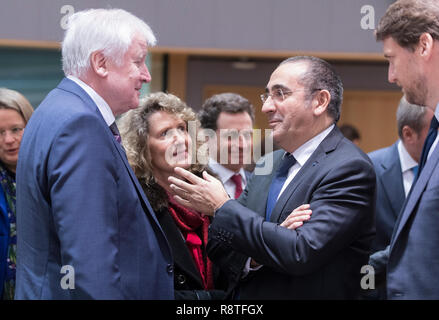 06. Dezember 2018, Belgien, Brüssel: 06.12.2018, Belgien, Brüssel: Deutscher Innenminister, Bau und Gemeinschaft Horst Lorenz Seehofer (L) im Gespräch mit dem französischen Staatssekretär für das Innenministerium Laurent Nunez (R) vor der EU-Innenminister Konferenz im Justus-Lipsius-Gebäude, das europäische Hauptquartier des Rates, am 6. Dezember 2018 in Brüssel, Belgien. Die Minister werden voraussichtlich einen Vorschlag für eine Verordnung über den Europäischen Grenzschutz und Küstenwache zu diskutieren. - Keine LEITUNG SERVICE Foto: Thierry Monasse/dpa Stockfoto