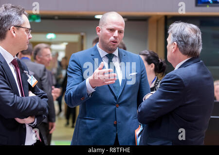 06. Dezember 2018, Belgien, Brüssel: 06.12.2018, Belgien, Brüssel: norwegische Staatssekretär bei der Ministerin der Justiz, öffentliche Sicherheit und Einwanderung Torkil Amland (L) im Gespräch mit dem belgischen Staatssekretär für die Asylpolitik, Migration und Verwaltungsvereinfachung Theo Francken (C) und dem Schweizer Staatssekretär für Migration Mario Gattiker (R) vor der EU-Innenminister Konferenz im Justus-Lipsius-Gebäude, das europäische Hauptquartier des Rates, am 6. Dezember in Brüssel, Belgien 2018. Die Minister werden voraussichtlich einen Vorschlag für eine Verordnung über den Europäischen Grenze und an der Küste zu diskutieren Stockfoto