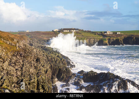 Sandbucht, Castlehaven, West Cork, Irland, 18. Dezember 2018. Noch eine weitere Nacht der Gale force onshore Winde treiben riesige Wellen bis zu den Klippen an der Küste Eigenschaften. Credit: aphperspective/Alamy leben Nachrichten Stockfoto