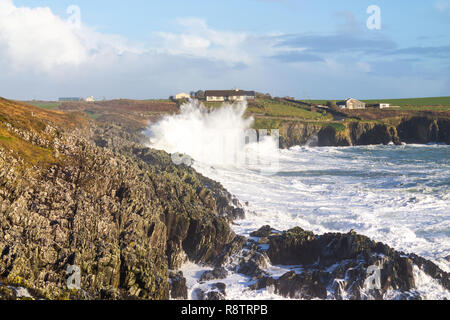 Sandbucht, Castlehaven, West Cork, Irland, 18. Dezember 2018. Noch eine weitere Nacht der Gale force onshore Winde treiben riesige Wellen bis zu den Klippen an der Küste Eigenschaften. Credit: aphperspective/Alamy leben Nachrichten Stockfoto