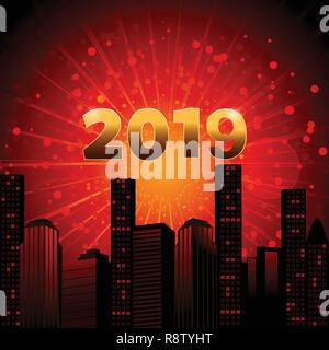 Rot und Gelb Star Burst Hintergrund mit abstrakten Stadt Landschaft und Golden 2019 in Zahlen Stock Vektor