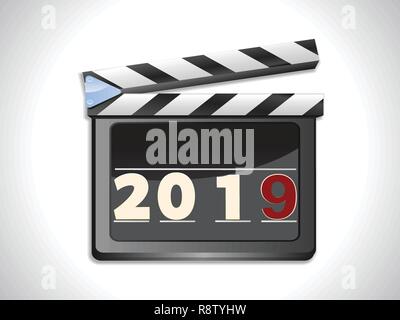 Abbildung: Film Schiefer Ciak mit 2019 in Zahlen und eine rote Nummer 9 Hintergrund Stock Vektor