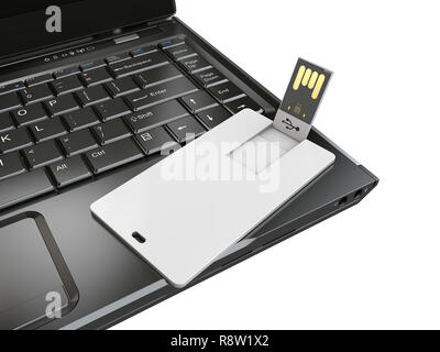 Usb-Visitenkarte mockup auf dem Notebook, 3D-Darstellung. Stockfoto