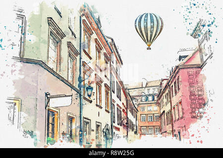 Ein Aquarell Skizze oder Abbildung eines traditionellen Straße mit Wohnhäusern in Warschau, Polen. Heißluftballon fliegt in den Himmel. Stockfoto