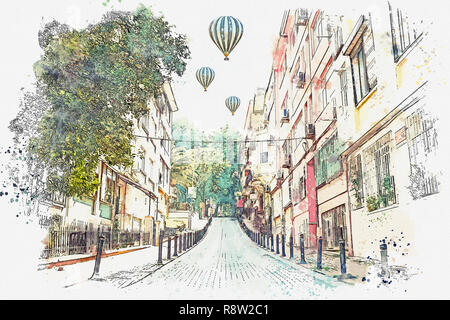 Ein Aquarell Skizze oder Abbildung eines traditionellen Straße mit Wohnhäusern in Istanbul, Türkei. Heißluftballone fliegen in den Himmel. Stockfoto