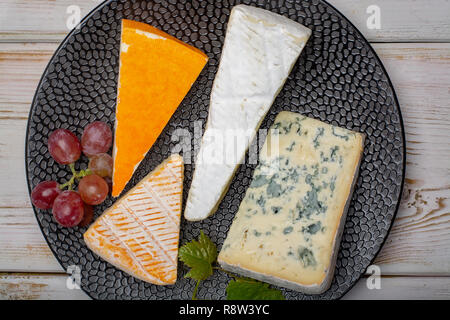 Verkostung Platte mit vier Frankreich Käse, Creme Brie, marcaire, Saint Paulin und blauen Käse der Auvergne, serviert mit frischen reifen Trauben Nahaufnahme Stockfoto