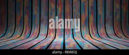 Bunt bemalt und geschwungenen hölzernen Planken, Textur Hintergrund, Banner. Holz Wand und Boden für die Präsentation Stockfoto