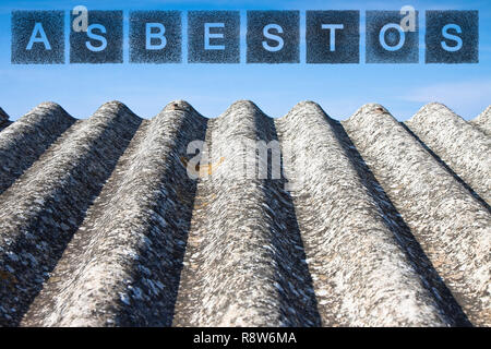 Gefährlich Asbest Dach. Das Wort Asbest mit Buchstaben, deren Grafik ähnelt die Form der Asbestpartikel geschrieben. Stockfoto