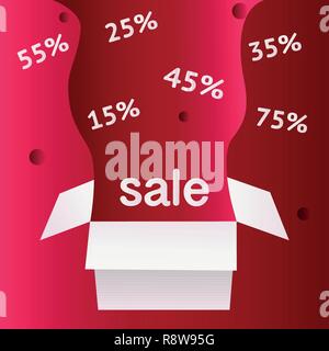 Angebot Verkauf rabatt Symbol mit offenen Geschenk und Flow Labels auf hellen roten Hintergrund isoliert. Einfach zu verwenden für ihr Design mit. Vector Illustration Stock Vektor