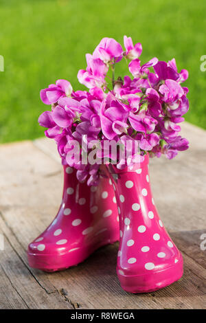 Rosa Gummistiefel auf hölzernen Hintergrund Stockfoto