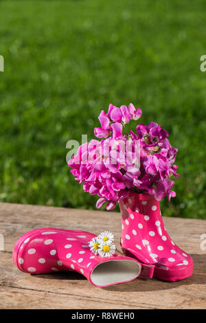 Rosa Gummistiefel auf hölzernen Hintergrund Stockfoto