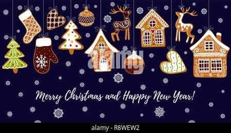 Gingerbread cookies Hintergrund mit einem editierbaren Leerzeichen in der Mitte. Weihnachten Grußkarte Vorlage. Vector Illustration. Stock Vektor