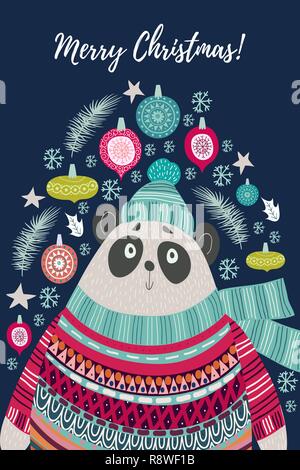 Cute Polar Bear in einen Hut und Schal. Weihnachtskarten Vorlagen im Stil von flachen Doodles, Vector Illustration Stock Vektor