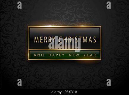 Merry Chistmas und frohes neues Jahr Banner. Premium Black Green Label mit goldenen Rahmen auf schwarze Blumenmuster Hintergrund. Dunkle luxus Vorlage. Vektor Stock Vektor