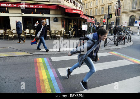 Eine Regenbogen-Pride-Fußgängerüberführung im Stadtteil Le Marais in Paris, Frankreich Stockfoto