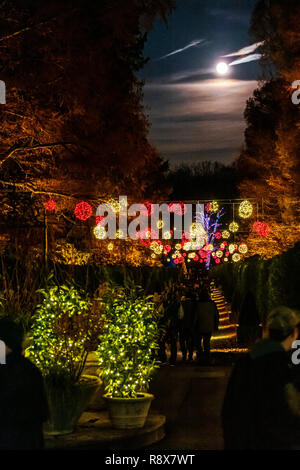 Vollmond über Weihnachten Beleuchtung & Dekorationen; Longwood Gardens; Kennett Square, Pennsylvania, USA Stockfoto