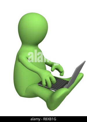 3d-Marionette, Sitzung mit einem Notebook. Objekt über Weiß Stockfoto