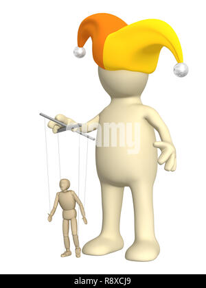 3d-Puppe - Clown, Geschäftsführer einer kleinen Puppe - Marionette. Objekte über Weiß Stockfoto