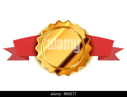 Helles Gold Label, retro Abzeichen mit rotem Klebeband isoliert auf weißem Stock Vektor