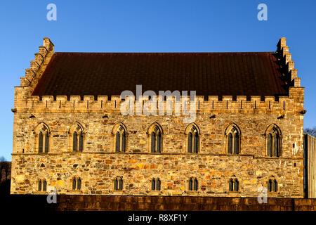 Die sehr alten Haakon's Hall (Håkonshallenkarten), von König Haakon um die Mitte 1200 erbaut. Im Hafen von Bergen, Norwegen. Stockfoto