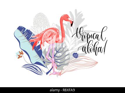 Tropische aloha - handzeichnung Slogan mit Flamingo und Blumenstrauß o Stock Vektor