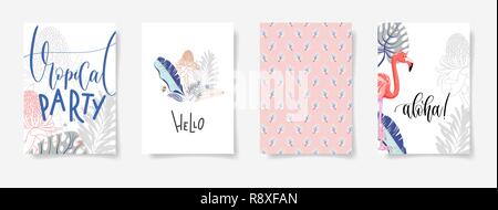 Satz von Hand zeichnen tropischen Poster mit Flamingo und Blumenstrauß o Stock Vektor