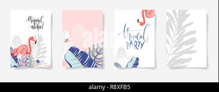 Satz von Hand zeichnen tropischen Poster mit Flamingo und Blumenstrauß o Stock Vektor