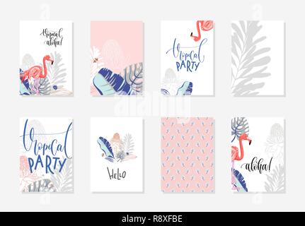 Satz von Hand zeichnen tropischen Poster mit Flamingo und Blumenstrauß o Stock Vektor