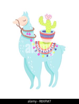 Funny Llama mit Cactus isoliert auf weiss, blau Alpaka Tier Stock Vektor