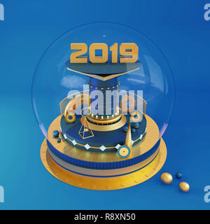 2019 Blau abstrakt Hintergrund. Das Jahr 2019 in einer Kristallkugel. Konzept. Geometrische Symbole. 3D-Rendering Stockfoto