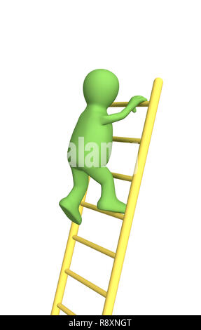 3d-person-Marionette, steigend nach oben auf einer Leiter. Objekte über Weiß Stockfoto