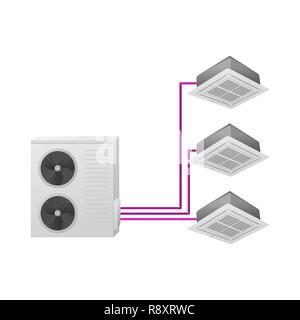 Die Klimaanlage. Vector Illustration. Multi Split. Ein Außenpool und drei Inneneinheit. Decke Kassette. Stock Vektor