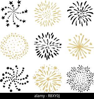 Satz von Hand gezeichnet Feuerwerk und sunbursts. Isolierte schwarz und gold Vektorobjekte, Symbole auf dem weißen Hintergrund. Feier Konzept. Stock Vektor