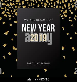 Frohes Neues Jahr 2019 Grußkarte, Einladung. Party Club Poster mit fallenden goldenen Konfetti und schwarzen Hintergrund. Moderne ferien Flyer Design. Vector Illustration. Stock Vektor