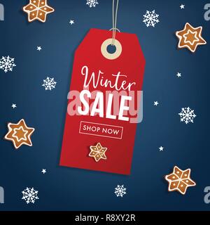 Winter sale Plakat Vorlage. Hängende rote Geschenkanhänger, Etikett mit Lebkuchen Cookie und fallende Schneeflocken. Moderne Vektor-illustration Hintergrund. Geschäftskonzept. Stock Vektor