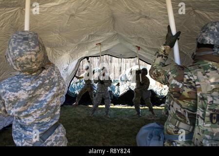 Us-Soldaten der 251. Der Area Support Medical Unternehmen, South Carolina Army National Guard zugeordnet, beginnen Ihre ersten simulierten Patienten, die in einer gemeinsamen Übung am Lager Fretterd, Reisterstown, Maryland, 8. März 2017. Das 251 zusammen mit der 231St Chemieunternehmen von der Maryland Army National Guard sind die Beteiligung an einer US-Armee nördlich Validierung Übung, in der Sie die Einrichtung einer vollen medizinischen Bereich und Abschluss der Fehleranalyse an den Unfall. Stockfoto