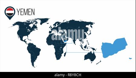 Jemen Position auf der Weltkarte für Infografiken. Alle Länder der Welt ohne Namen. Jemen runde Markierung in der Karte, PIN oder Marker. Vector Illustration auf Stock Vektor