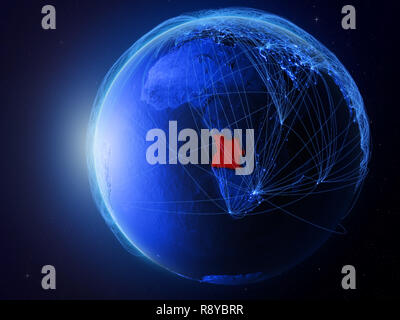 Angola aus dem Weltraum auf dem Planeten Erde mit blauen digitales Netzwerk für internationale Kommunikation, Technik und Reisen. 3D-Darstellung. Elemente Stockfoto