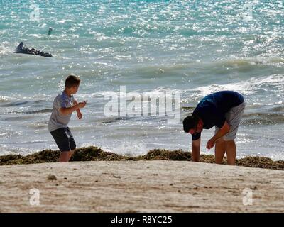 Vater und Sohn zusammen spielen am Strand, werfen Granaten ins Wasser, an einem windigen Dezember Tag, Kay West, Florida, USA. Stockfoto