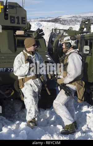 Ein US-Marine mit Marine Drehkraft Europa 17,1 (MRF-E) Gespräche mit einem Mitglied der norwegischen Streitkräfte zwischen Ausbildung Bewegungen in Porsangmoen, Norwegen, 8. März 2017. Ein begrenztes Kontingent von US-Marines begann Drehen in und aus Norwegen Anfang 2017 mit der norwegischen Streitkräfte zur Unterstützung der US-European Command Anforderungen zu trainieren. Stockfoto