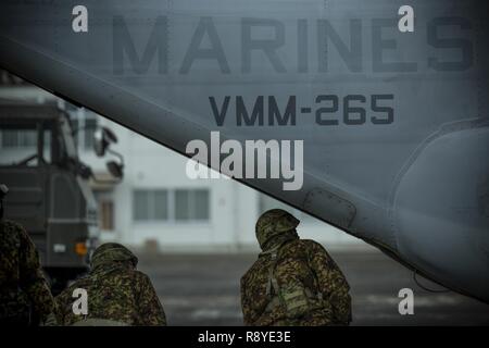 Japanischen Boden Verteidigung-kraft Soldaten Peek in der MV-22 B Osprey an Somagahara, Japan, 9. März 2017 während der Antenne integration Training teil der Wald Licht 17-1. JGSDF Soldaten wurden Vorbereitungen für schnelle Seil aus einem Osprey nach U.S. Marines schnell aus der Japanischen CH-46 Chinook angeseilt. Wald Licht ist eine der verschiedenen bi-laterale Ausbildungsmöglichkeiten geleitet durch JGSD und bereitgestellt, US-Marine das dauerhafte Engagement der beiden Länder zu Frieden, Stabilität und Wohlstand in der gesamten Region. Soldaten werden mit 30 Infanterie Regiment. Die Opsrey gehören zu Marine Medium Stockfoto