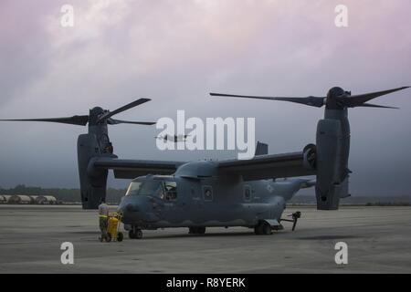 Ein US Air Force AC-130 U Spooky gunship nimmt als CV-22 Osprey für ihre eigenen Start bereitet. Feb 27, 2017 Hurlburt Field, Fla. Die Flugzeuge zur Unterstützung der Emerald Krieger, ein US Special Operations Command Übung wo Joint Special Operations Forces zug Bedrohungen im gesamten Spektrum der Konflikte zu führen, flog. Stockfoto