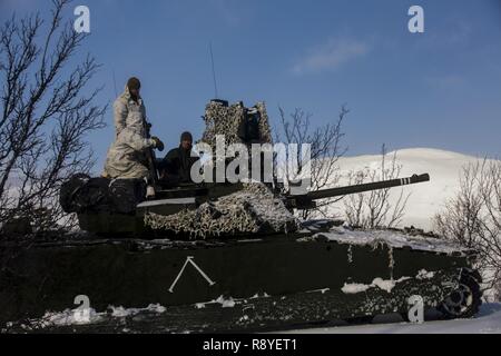 Us Marine Corps Staff Sgt. Nelson Acevedo, Vorderseite und 2 Lt Sean Gil interagieren mit einem Norwegischen CV-90 Schützenpanzer Fahrer innerhalb des Polarkreises in Norwegen, 11. März 2017. Die US-Position in Norwegen das Marine Corps' lange und enge Zusammenarbeit mit der norwegischen Streitkräfte. Acevado ist der Platoon Sergeant und Gil ist der Platoon Commander für den 3.rd Platoon mit MRF-E. Stockfoto